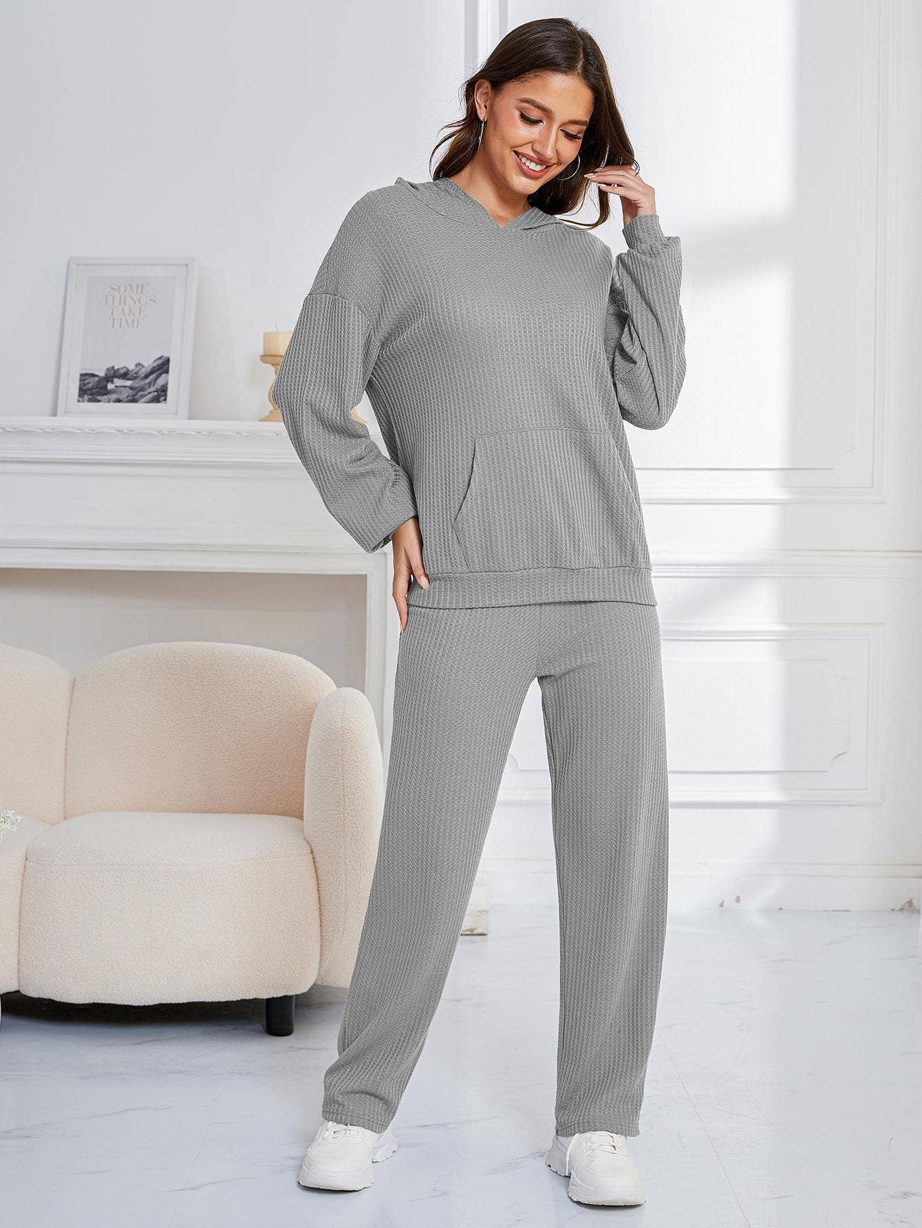 WAFFLE TWO-PIECE LOUNGEWEAR WITH LONG SLEEVES