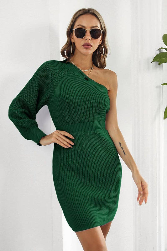 CWDSD5965_ONE-SHOULDER HIGH-WAIST KNITTED HIP DRESS