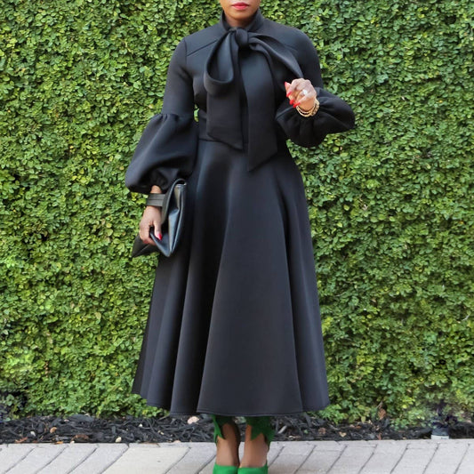 LANTERN SLEEVE HIGH WAIST BOW OVERSIZED DRESS_CWDMD3664