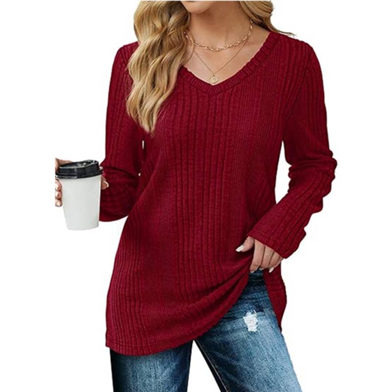V-NECK KNITTED PIT STRIP BRUSHED LONG SLEEVE