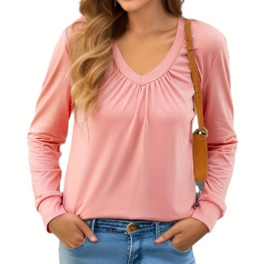 SOLID COLOR PLEATED V-NECK LOOSE T-SHIRT