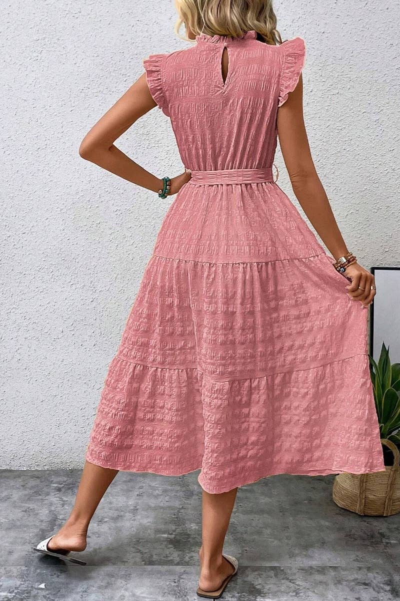 CWDMD2747_SUMMER WOODEN EAR EDGE LACE-UP DRESS LONG
