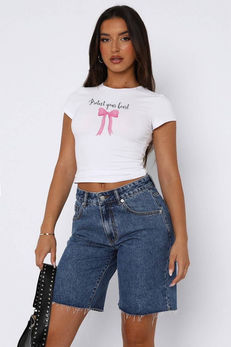Cwtts1572_Printed Crew Neck Slim Fit Crop Top Tee