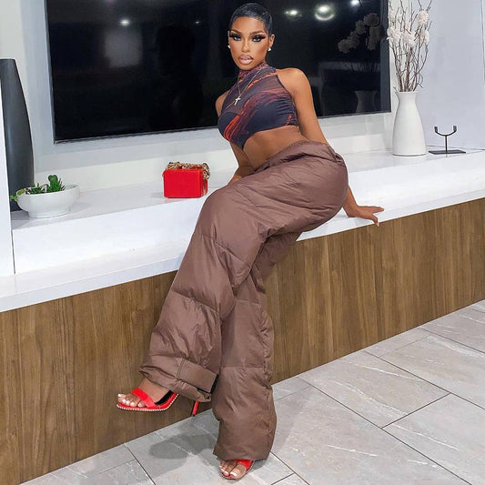 Loose, warm, high-waisted straight-leg pants