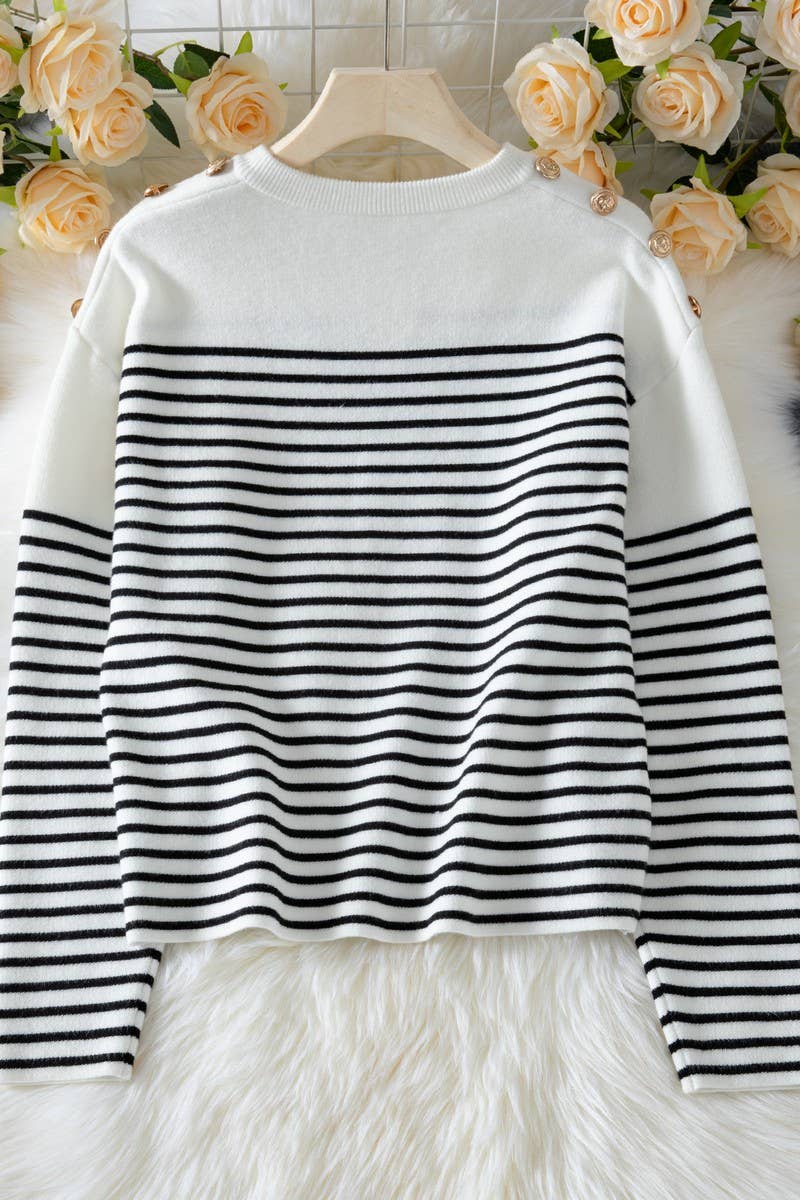 CWOSWL07451_STRIPE SHOULDER BUTTON CUTOUT KNIT SWEATER