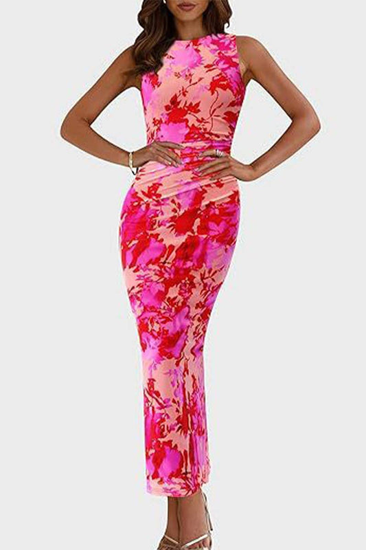 CWDMD6368_PLEATED FLORAL BODYCON SLEEVELESS MESH DRESS