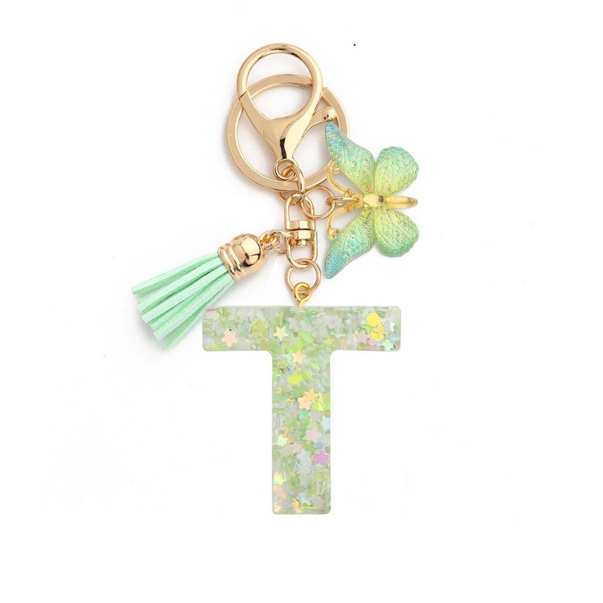 Green Butterfly Resin Letter Keychain with Glitter_CWAB5079