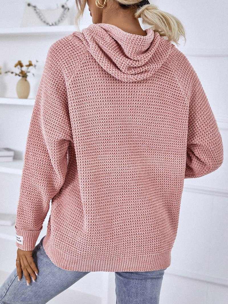 Solid color hooded drawstring knit sweater