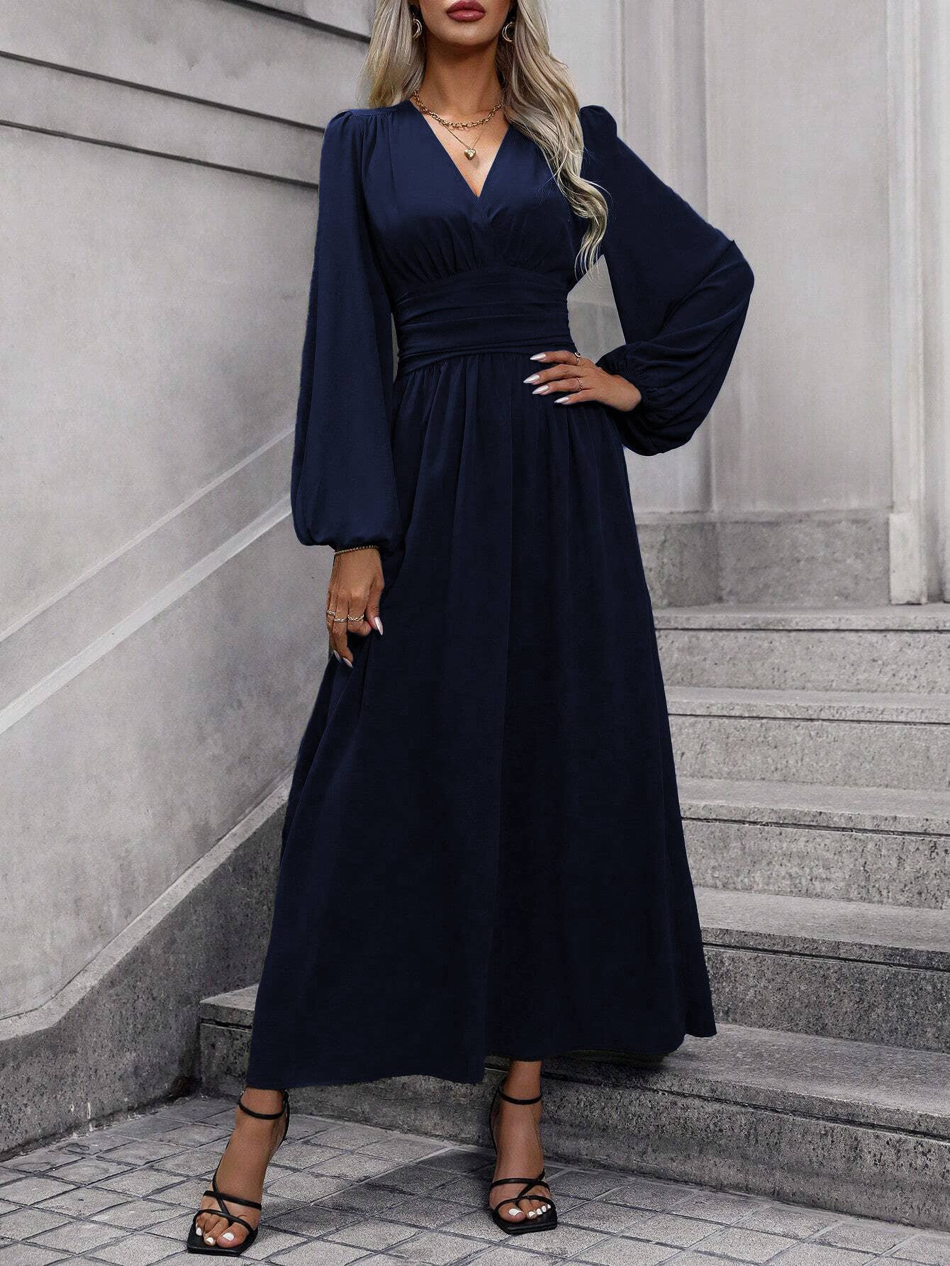 Lantern sleeve high slit V-neck dress