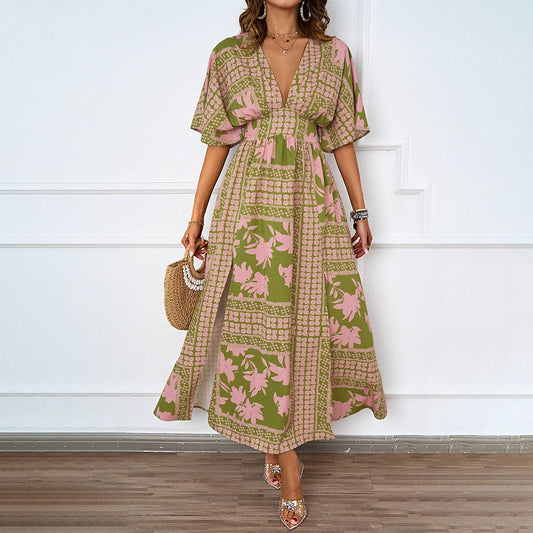 SEXY V-NECK SHORT SLEEVE PRINTED WAIST DRESS