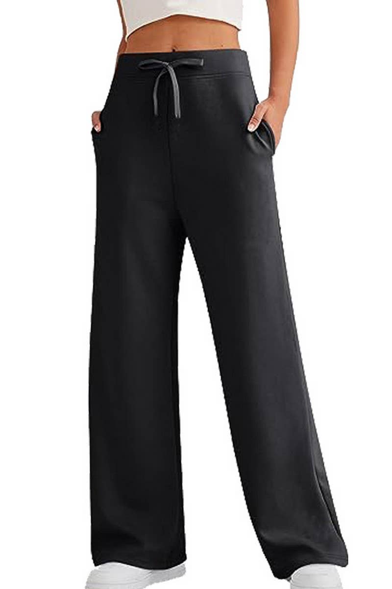 CWBLP0703_SOLID COLOR CASUAL LACE-UP WIDE-LEG SWEATPANTS