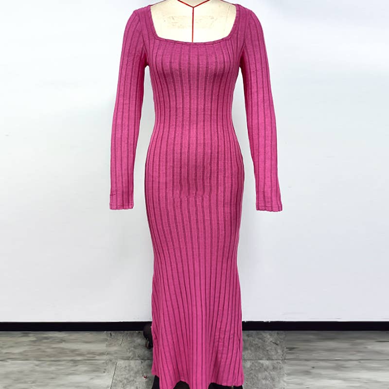 SQUARE COLLAR SOLID COLOR LONG LONG-SLEEVED DRESS