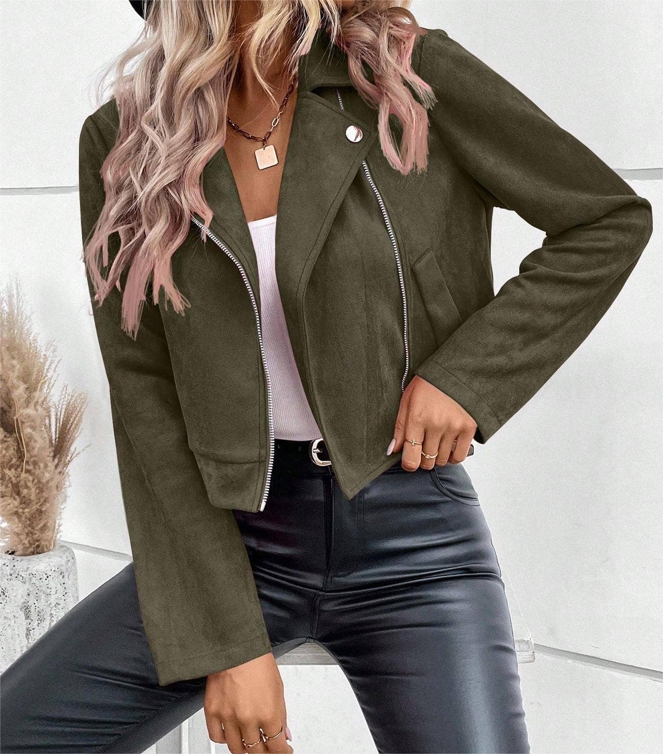 Suede zipper fashionable short jacket