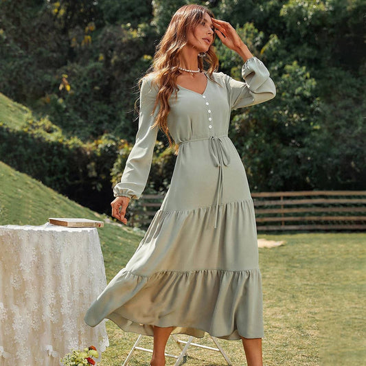 Loose,casual,cinched waist elegant ruffled dress