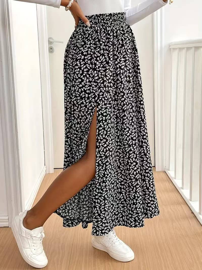 Slit A-line body-hugging mid-waist floral skirt