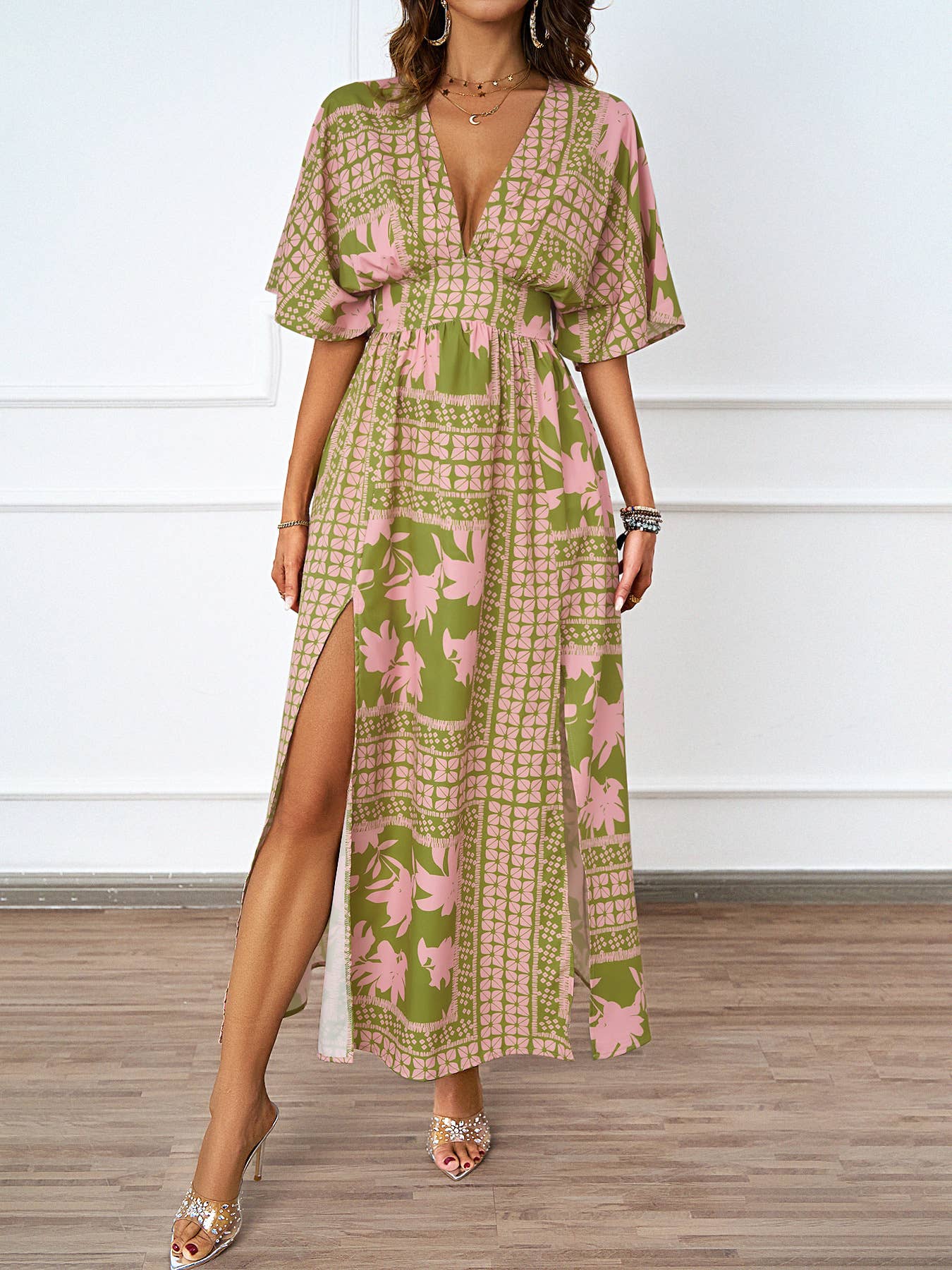 SEXY V-NECK SHORT SLEEVE PRINTED WAIST DRESS