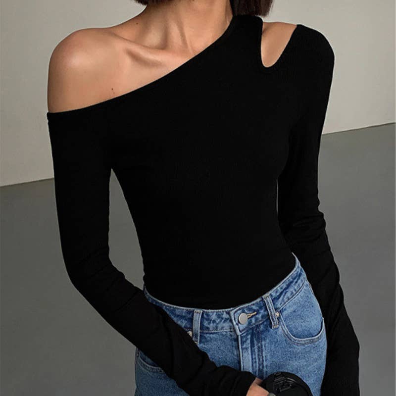 Sexy one-shoulder solid color slim bottom shirt