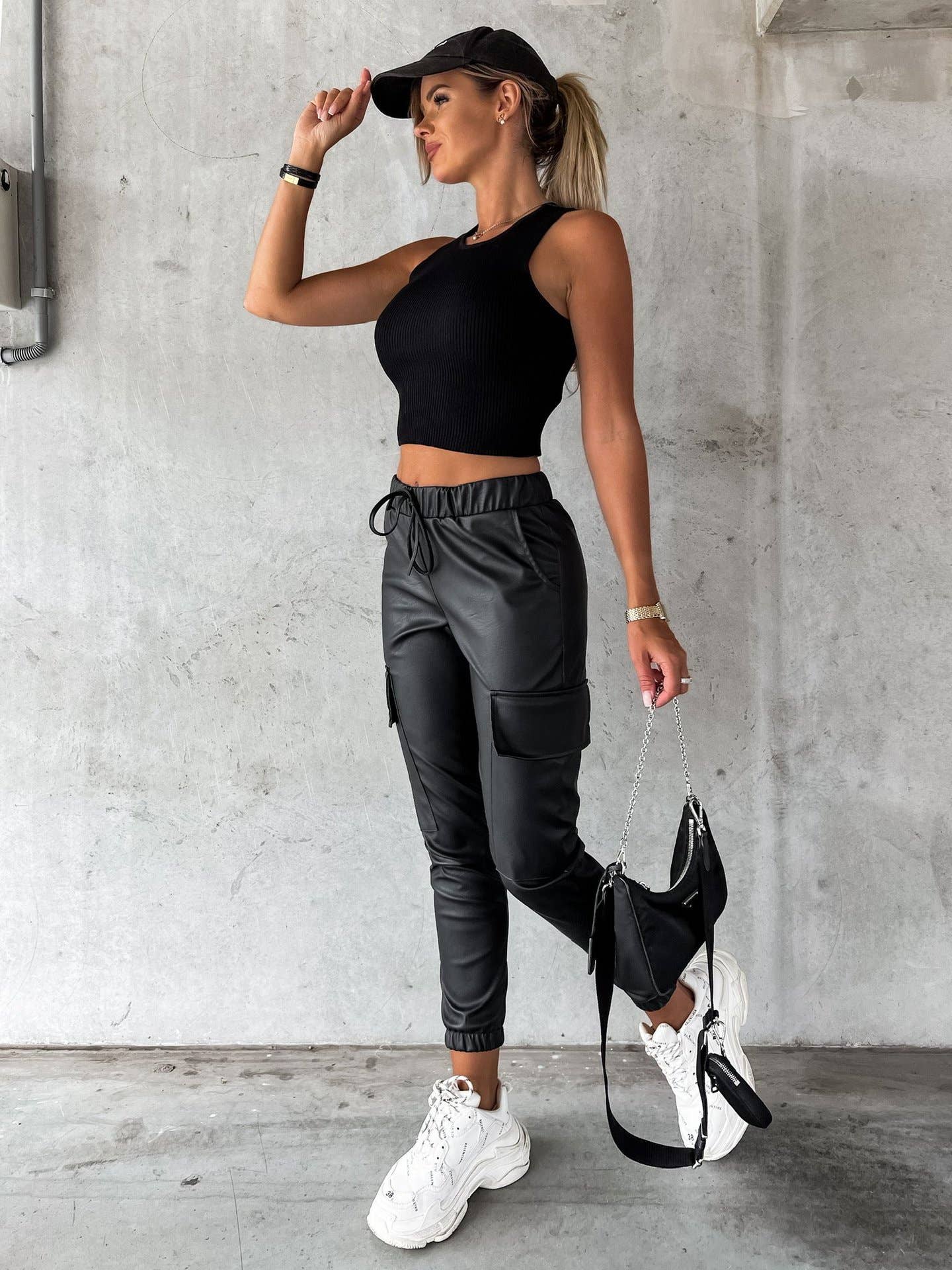 Waist-cinching street drawstring leather pants