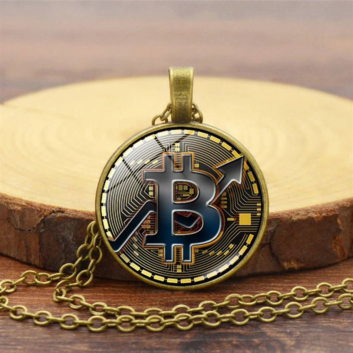 GOLD COIN BITCOIN TIME GEMSTONE PENDANT NECKLACE