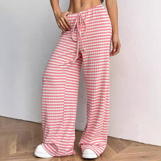 STRIPED RUBBER STRING COTTON STRAIGHT LEG PANTS