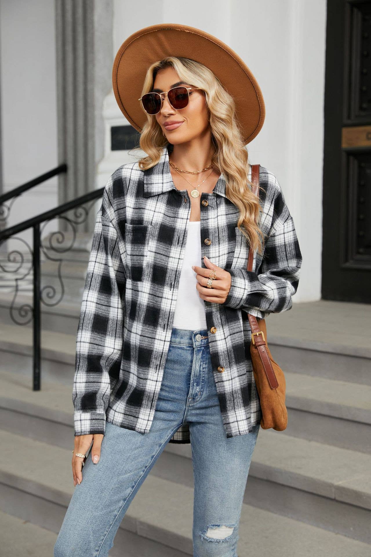 Lapel brushed striped long-sleeved plaid shirt