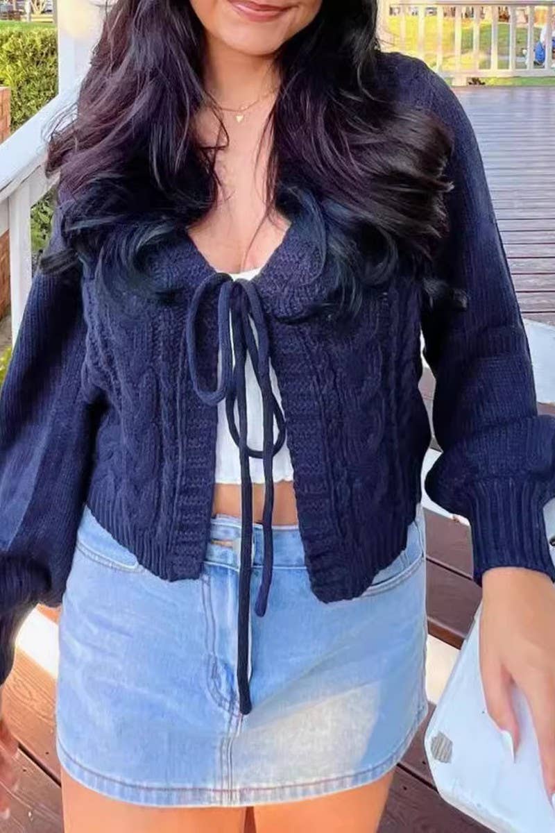 CWOCAL00827_SOLID V NECK CABLE KNIT TIE FRONT CARDIGAN