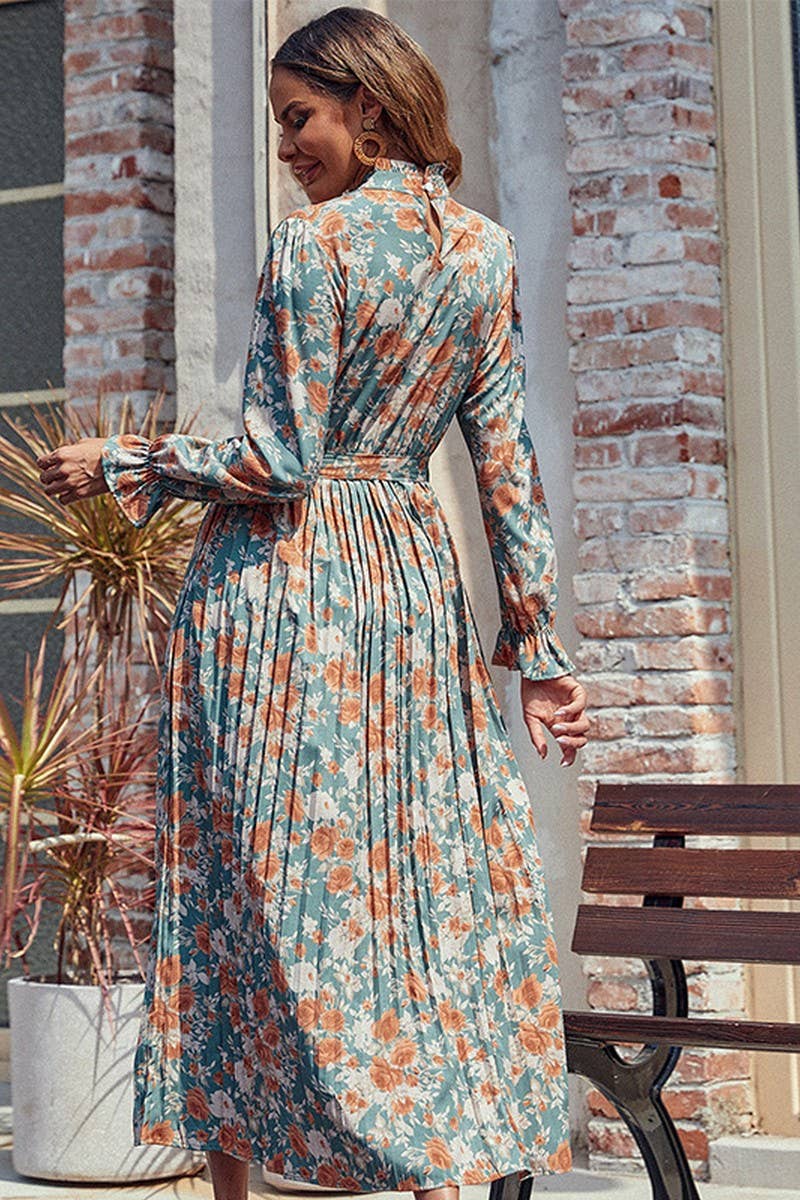 CWDMD3733_PRINTED LACE-UP PLEATED LONG DRESS