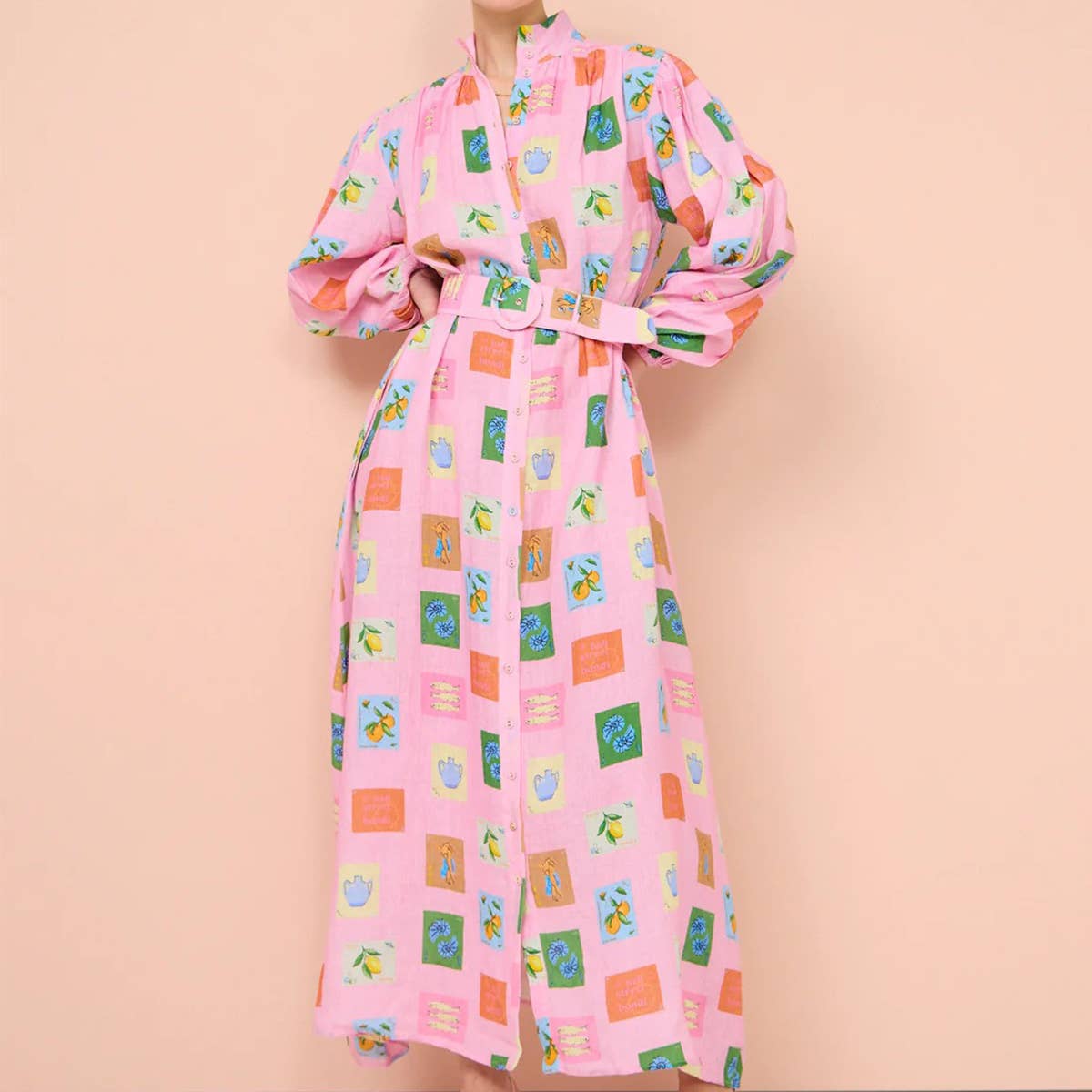 LANTERN SLEEVE SINGLE-BREASTED DRESS WITH BELT