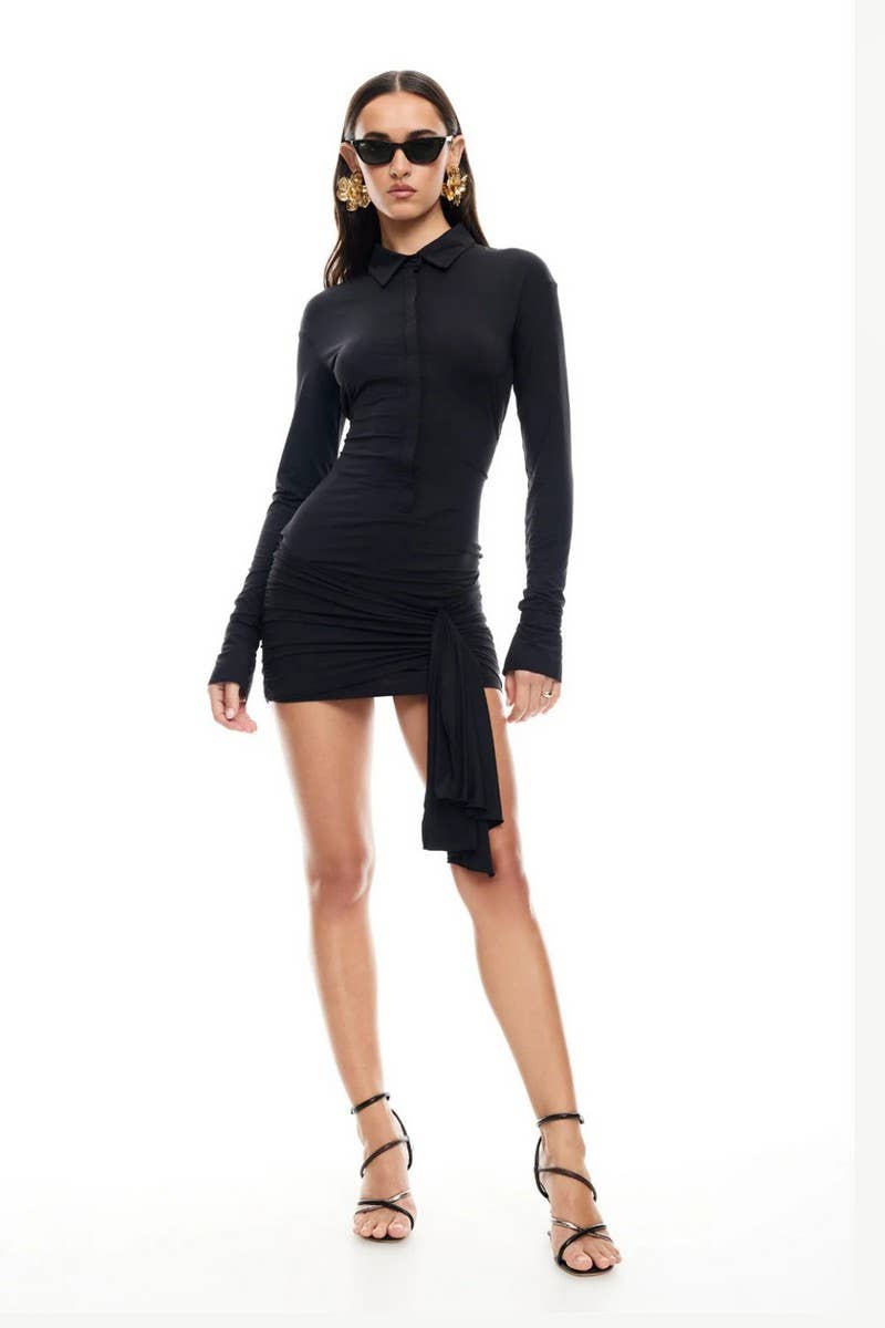 CWDSD6821_LAPEL RUFFLED RIBBON LONG SLEEVE DRESS