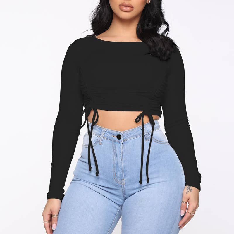 FASHION TREND PLEATED DESIGN FEELING CROP T-SHIRT