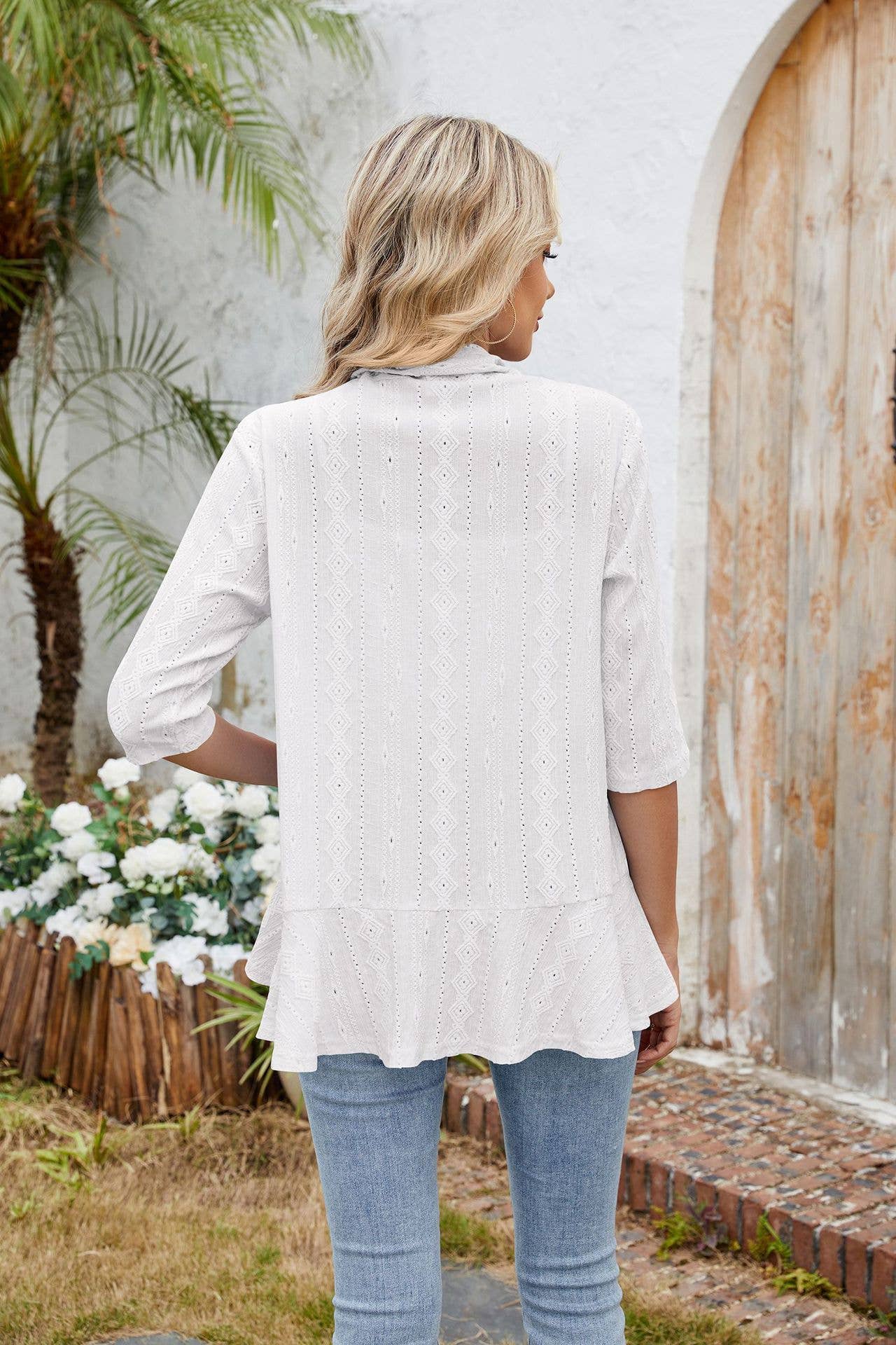 Three-quarter sleeve ruffled solid color cardigan