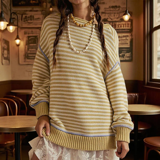 Striped knitted round-neck long-sleeved sweater