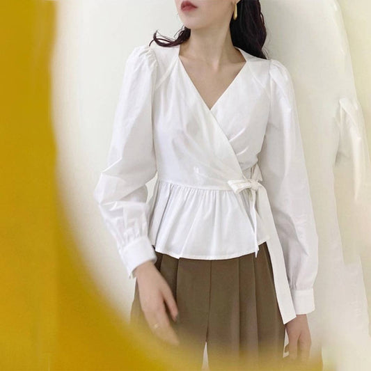 V-NECK WAISTBAND SLIMMING LONG SLEEVE SHIRT