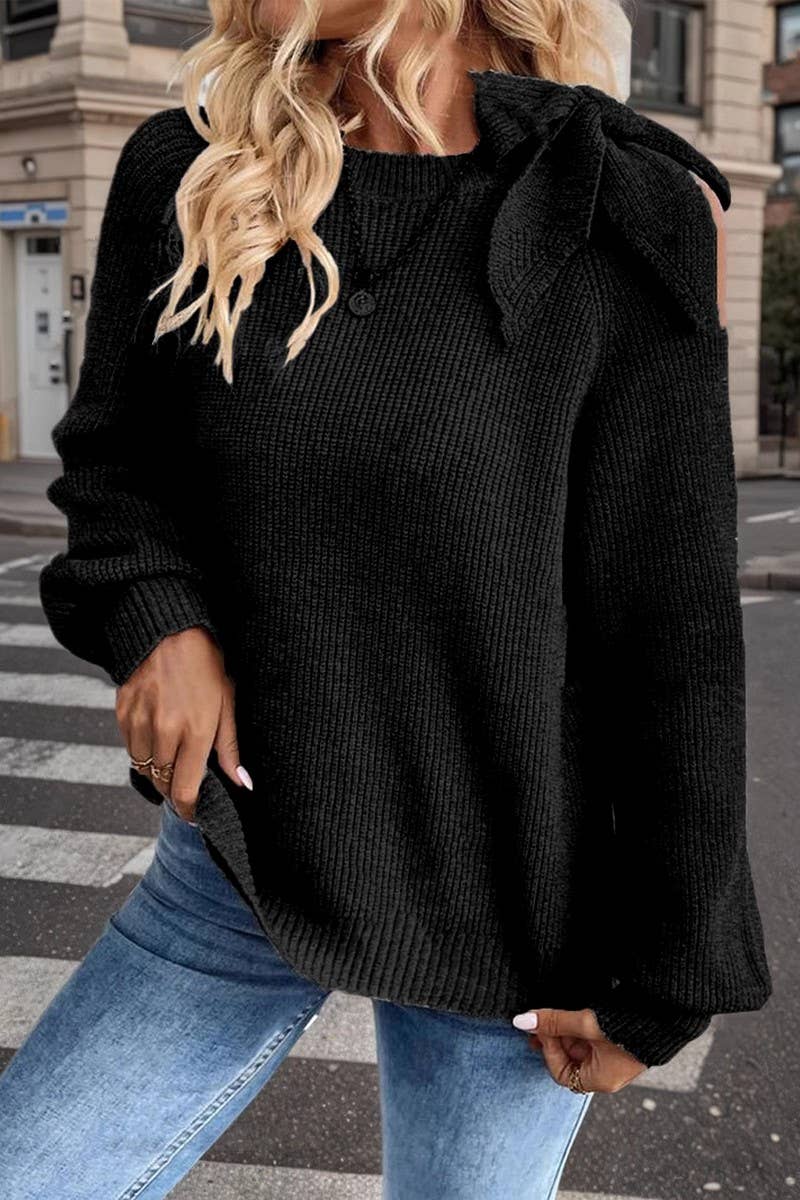 CWOSWL07629_ONE SHOULDER BOW TIE LANTERN SLEEVE SWEATER