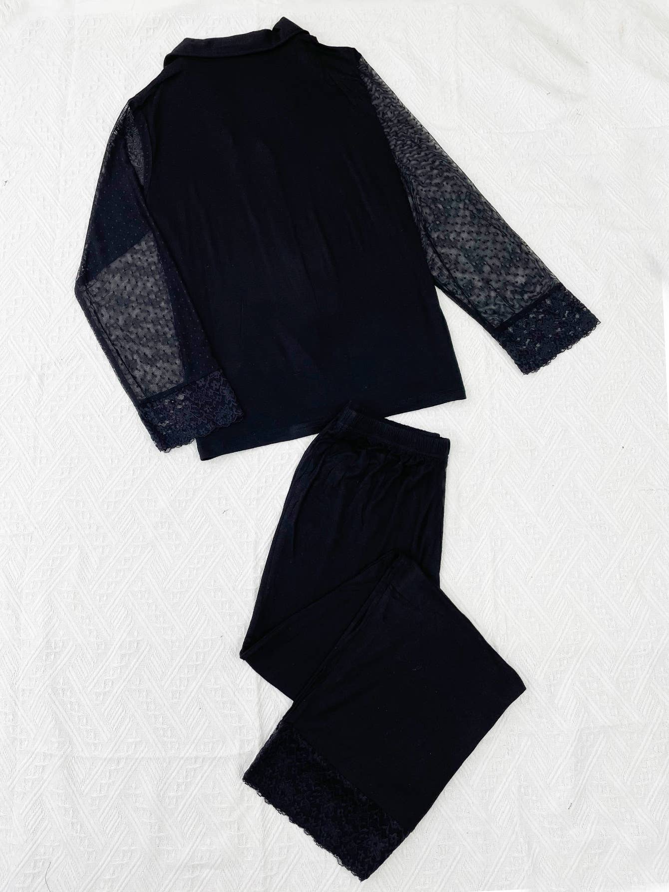 Mesh long-sleeved shirt long pants home wear set