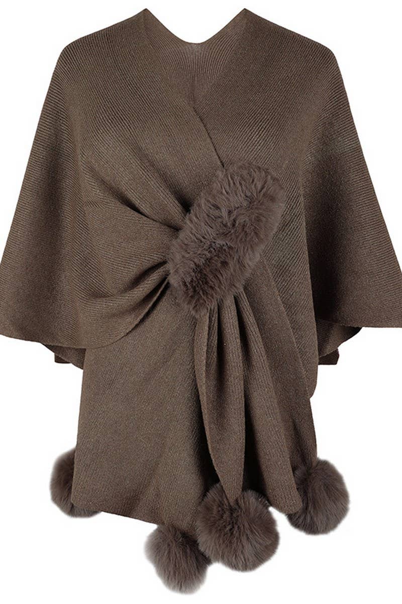 CWOCAS0052_SOLID COLOR WOOL BALL CAPE KNITTED SHAWL