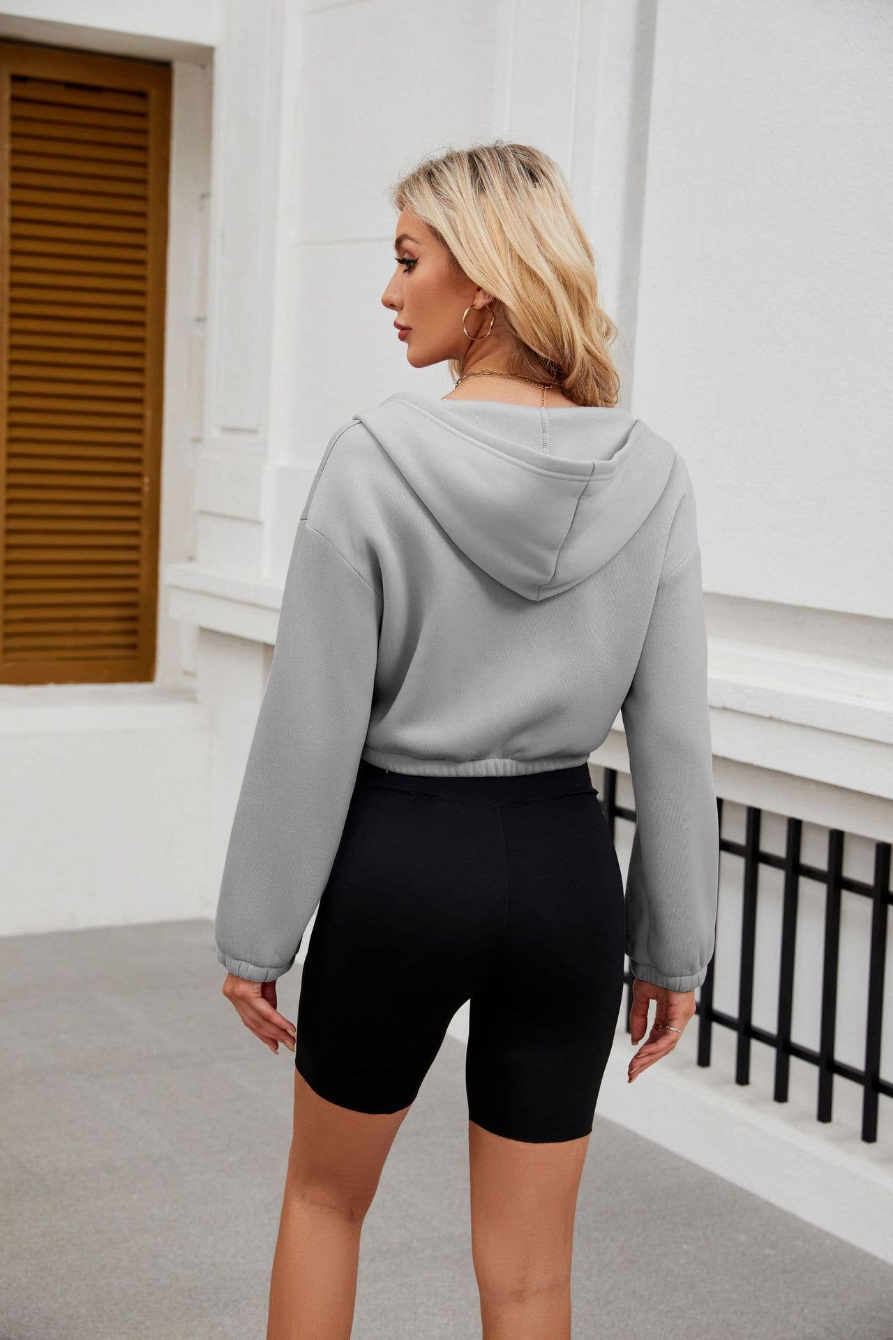ZIPPER HOODED SOLID SHORT LONG-SLEEVED HOODIE