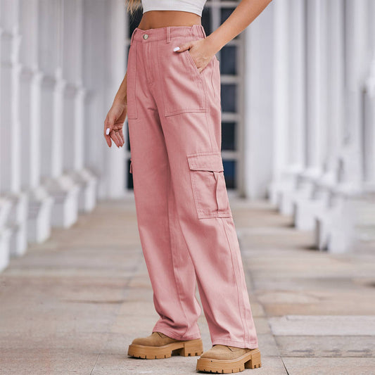 WASHED SEMI-ELASTIC-WAISTED DENIM CARGO PANTS