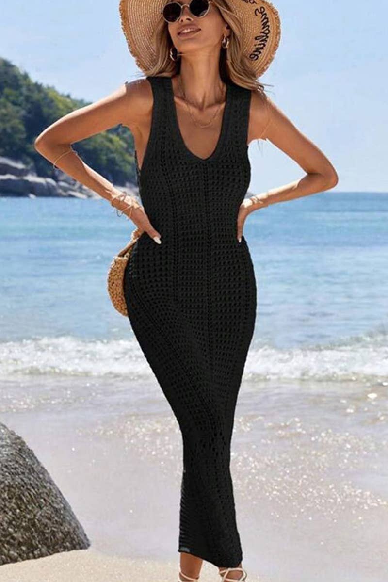 CWDHL0645_SOLID COLOR KNIT HOLLOW LONG VEST DRESS