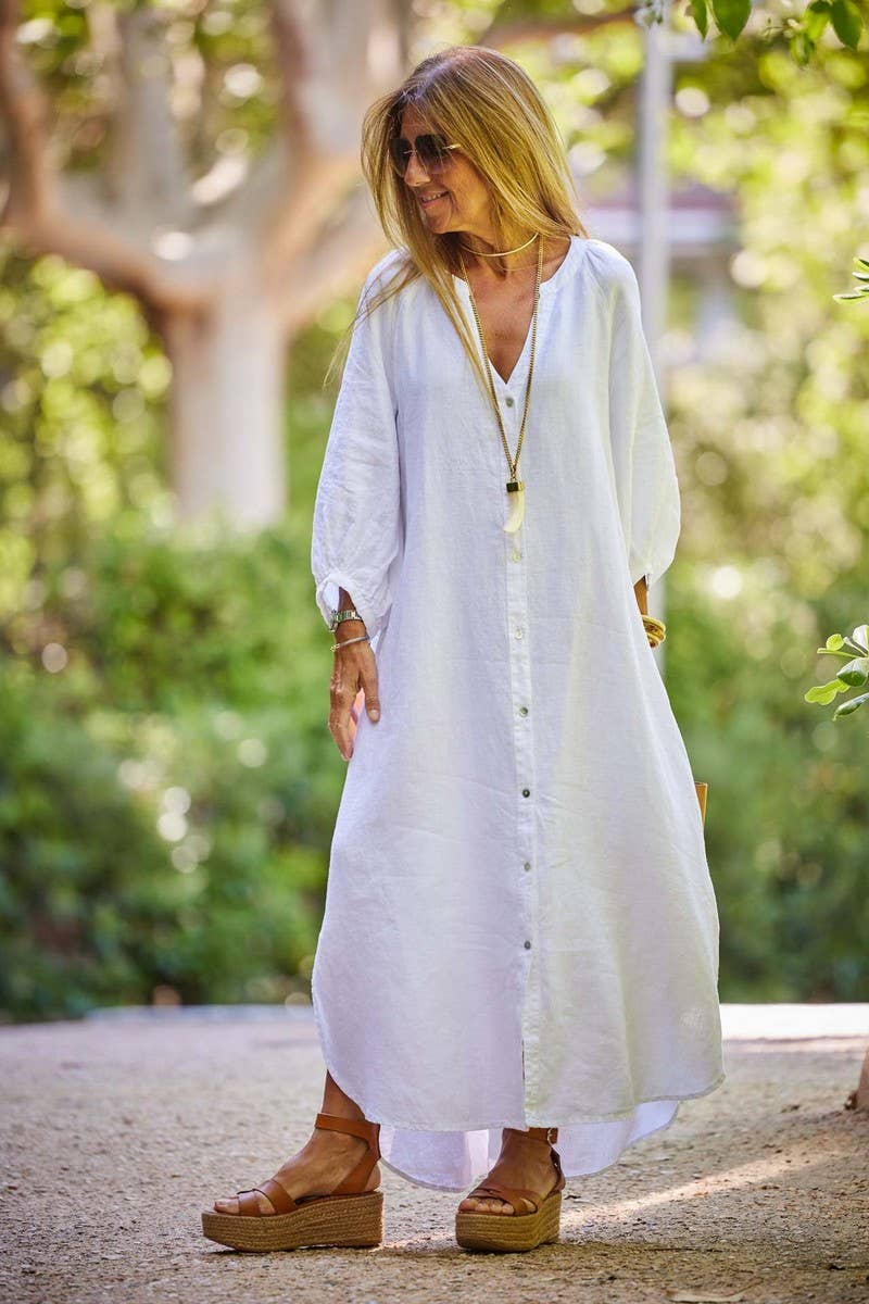 CWDMD6336_LINEN COTTON BUTTON DOWN SHIRT MAXI DRESS