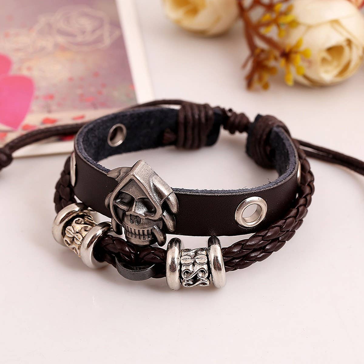 NEW BEADED SKULL BRAIDED LEATHER BRACELET