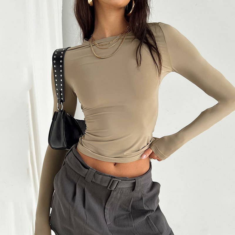Irregular solid color slimming base T-shirt