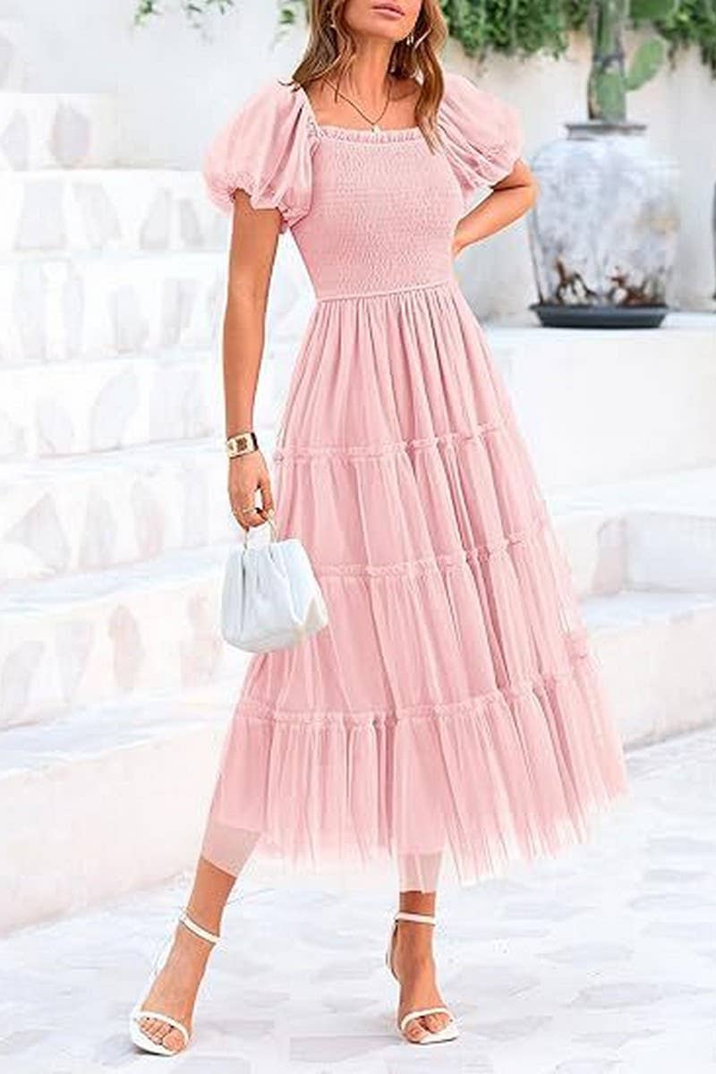 CWDMD6369_SQUARE NECK PLEATED MESH PANELED FLUFFY DRESS