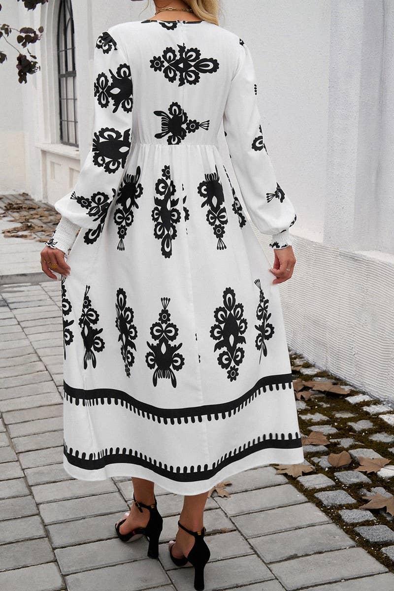 CWDMD4866_V-NECK ELEGANT CONTRAST COLOR LONG SLEEVE DRESS