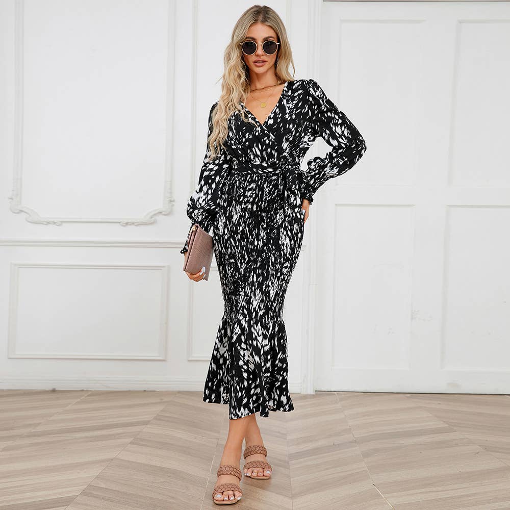 V-Neck Belted Floral Mermaid Maxi Dress