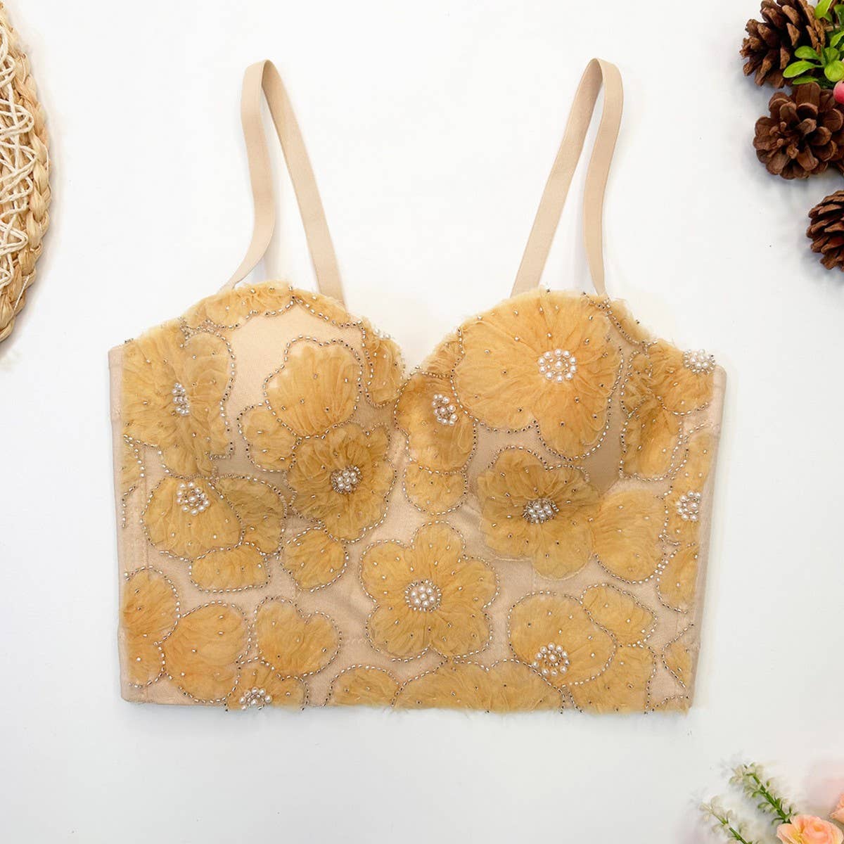 LACE EMBROIDERED FLOWER HERRINGBONE CORSET