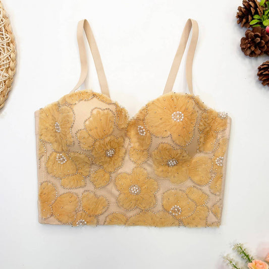 LACE EMBROIDERED FLOWER HERRINGBONE CORSET