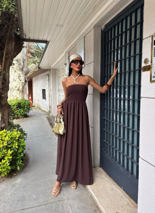 Solid-color strapless waist-cinching long dress