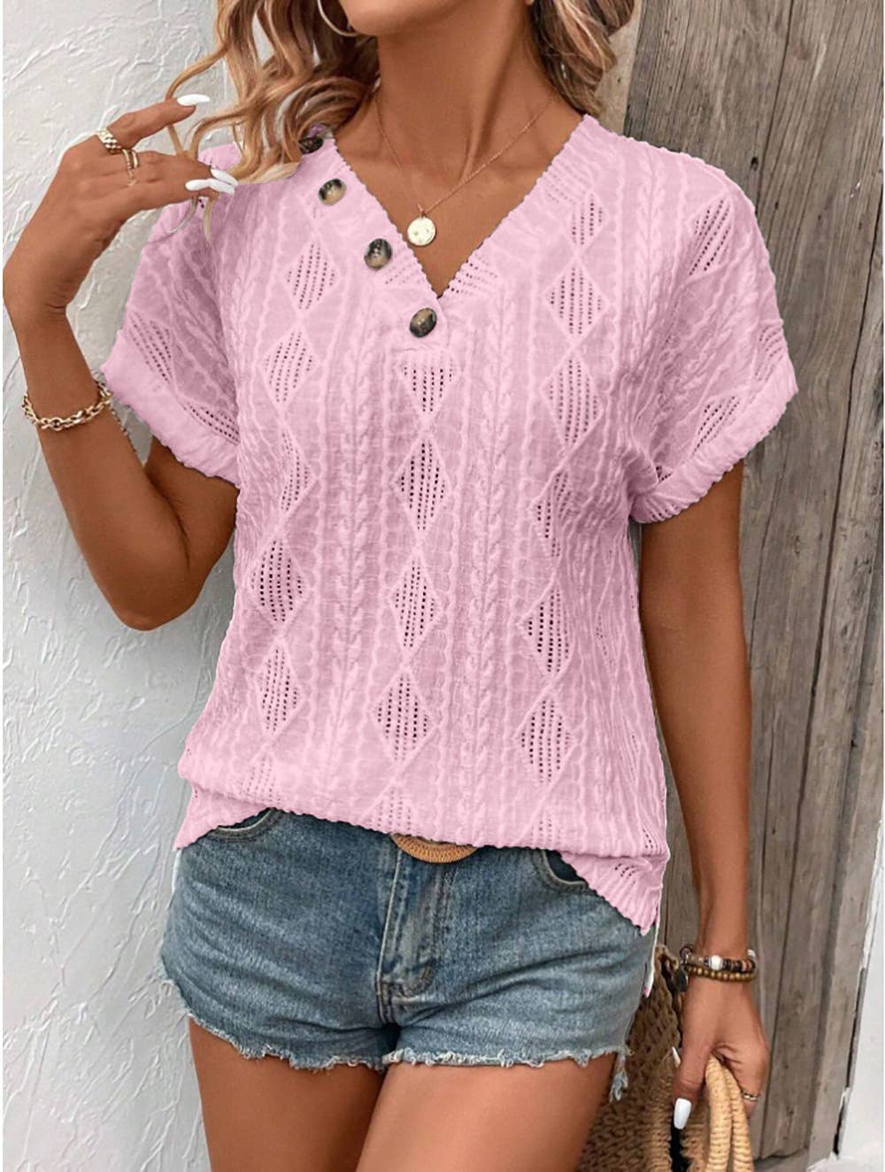 V-neck solid color loose short-sleeved T-shirt