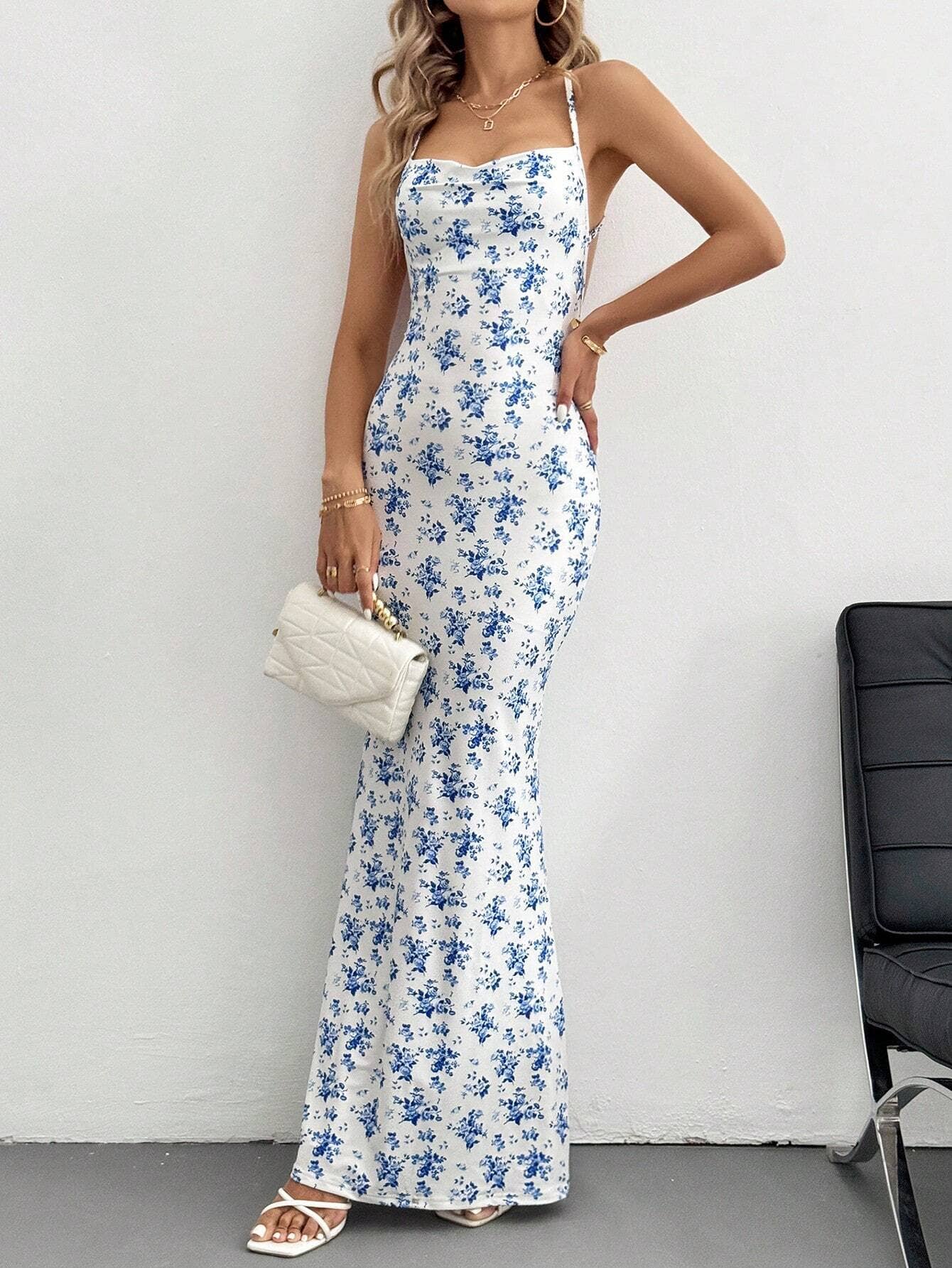 Sweet fresh floral backless halter vacation Dress
